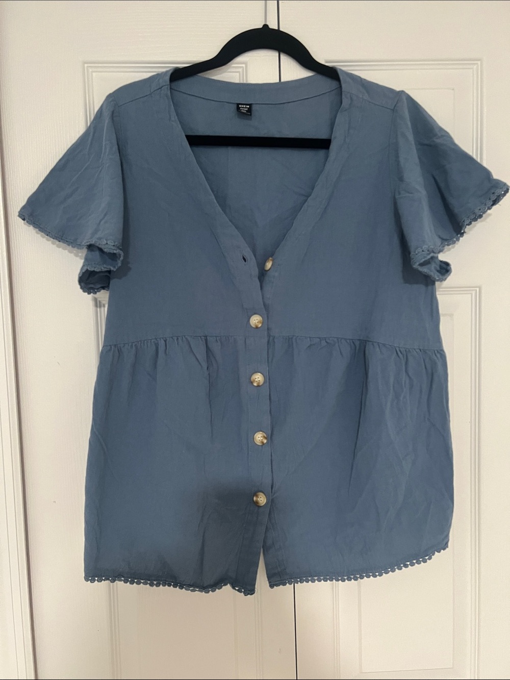 SHEIN Dusty Blue Button-Front Flutter Sleeve Blouse